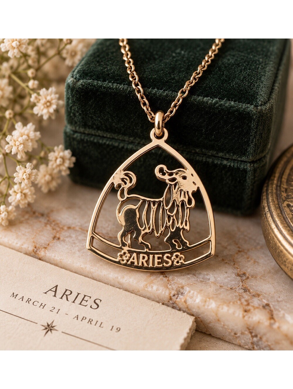 Vintage Aries Zodiac Ram Pendant Necklace Gold Tone Astrology Horoscope Jewelry